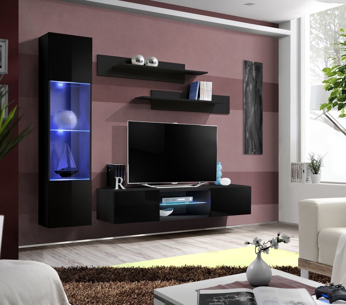 

Гостиная комплект стенка из ДСП и МДФ и стекла Fly R3 ASM Meble Черный