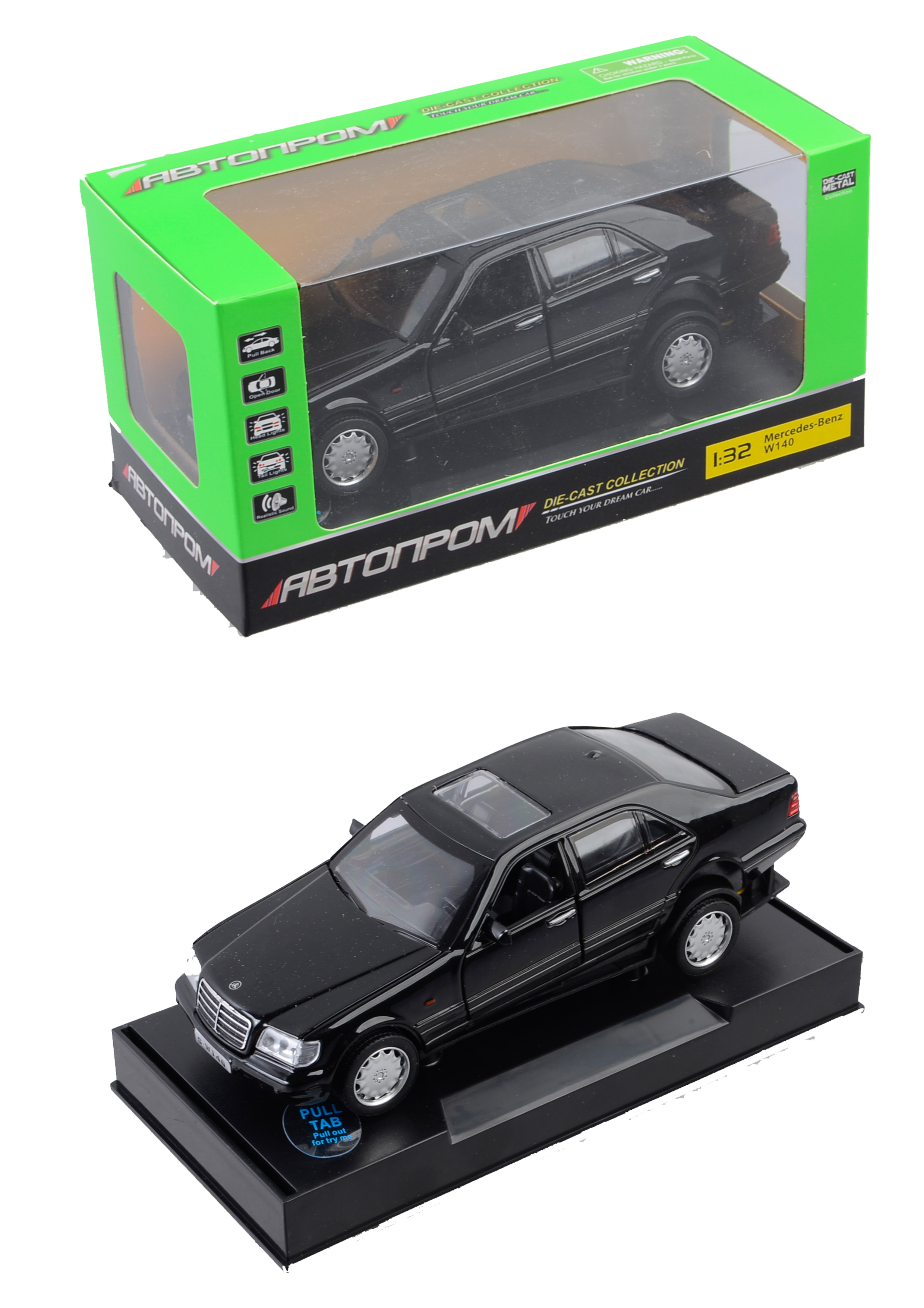 

Машина металл "АВТОПРОМ", Mercedes W140, 4 цвета, откр.двери,батар.,свет,звук в кор.18*9*9см /72-2/(32014)