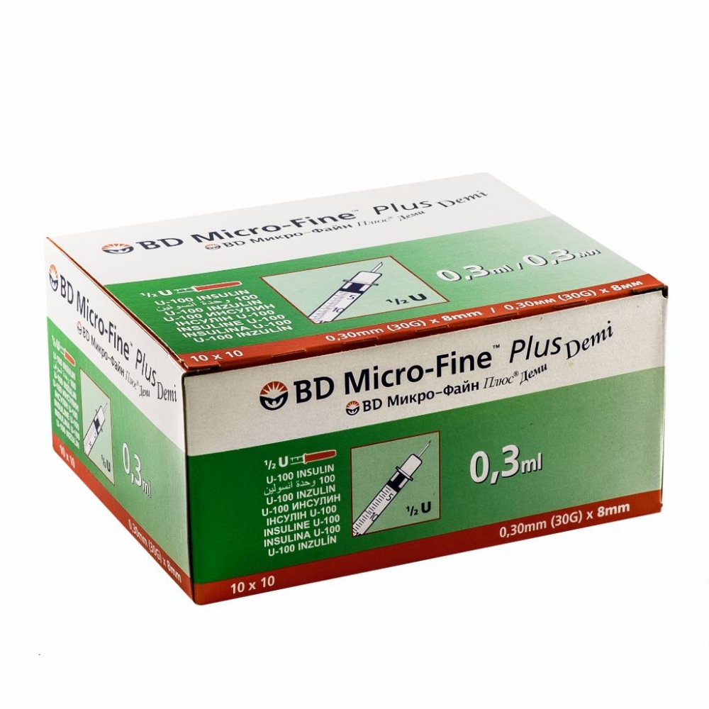 

Шприц инсулиновый Becton Dickinson Micro-Fine Plus Demi U-100 (0,3мл на 8мм), 100 шт.