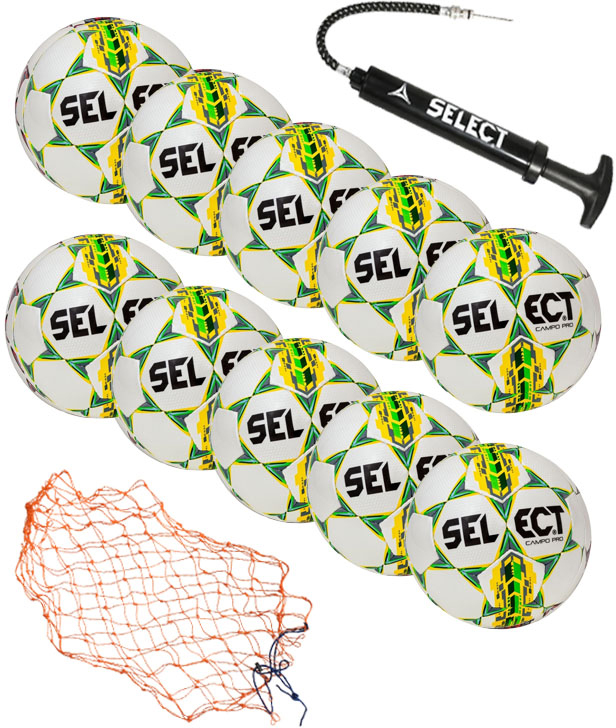 

Набор футбольных мячей Select Campo PRO BOX №3 10 шт + Насос + Сетка для мячей White-Yellow (2000000096834)