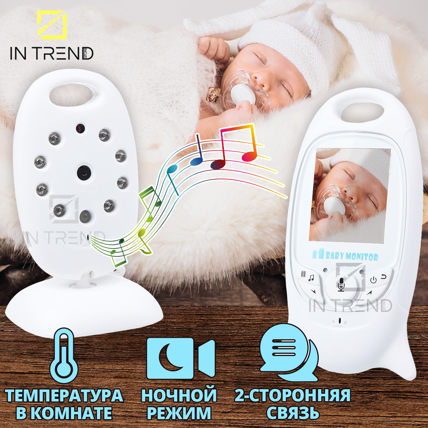 

Цифровая Радио-Видеоняня Baby Monitor VB601 с термометром с режимом ночного видения и двусторонней связью на аккумуляторах для малышей и пожилых людей, Белая