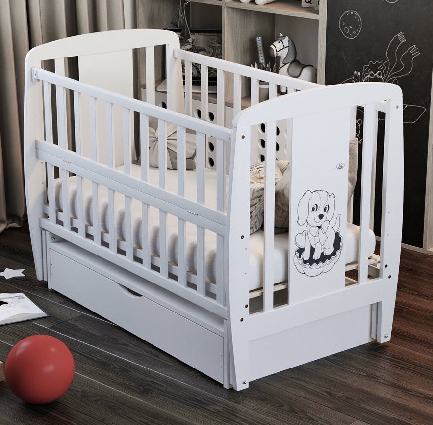 

Кровать Babyroom Собачка маятник, ящик, откидной бок бук белый