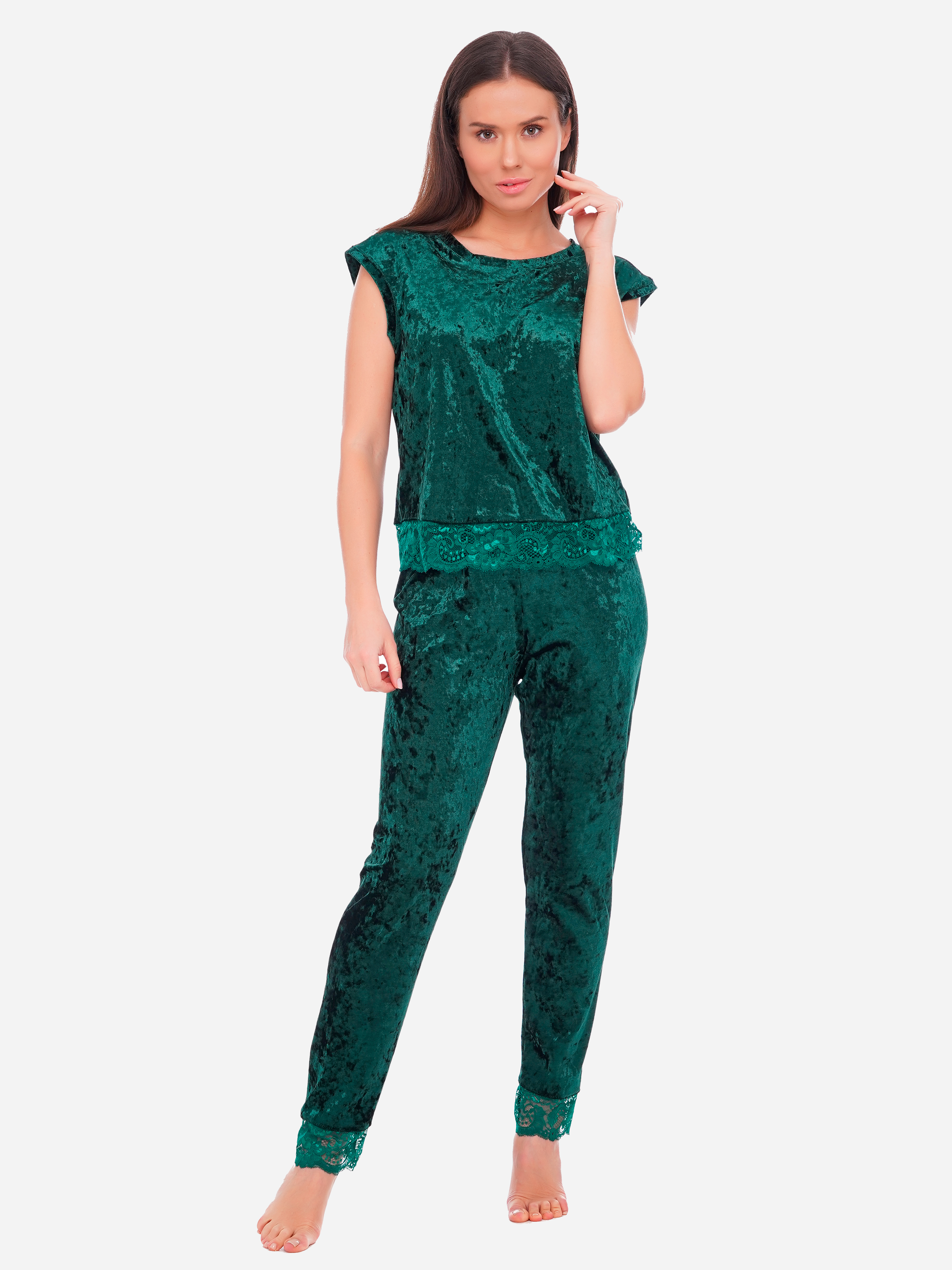 Акція на Піжама (футболка + штани) жіноча великих розмірів велюрова Martelle Lingerie M-308 велюр 42 (XL) Темно-зелена від Rozetka