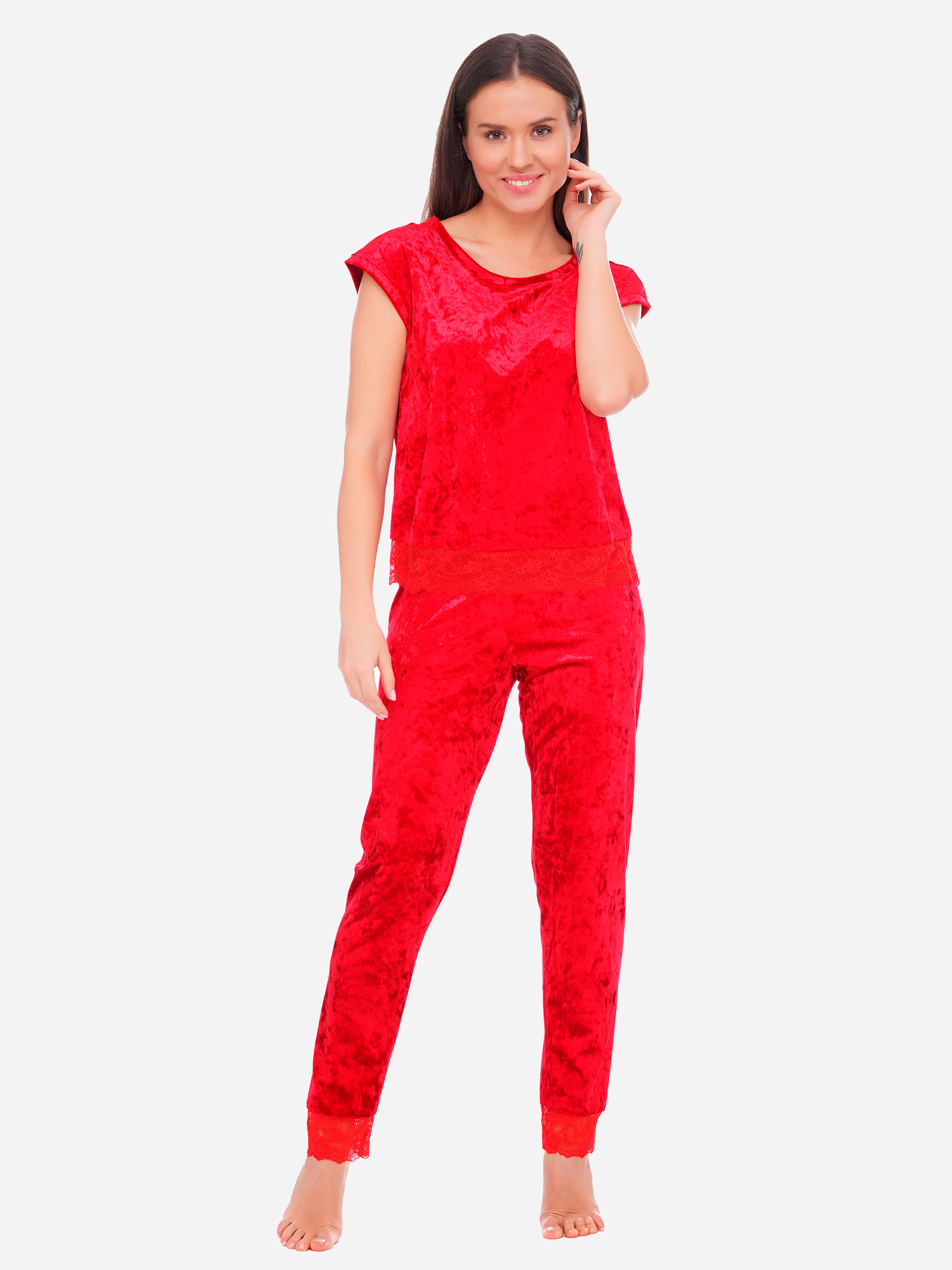 Акція на Піжама (футболка + штани) жіноча велюрова Martelle Lingerie M-308 велюр 40 (L) Червона від Rozetka