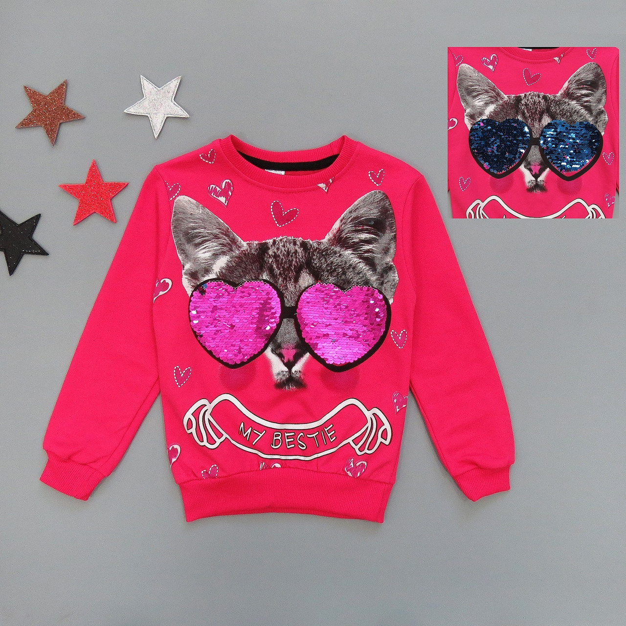 

Свитшот "Котик" Hacali kids для девочки (двусторонние пайетки) 86-92 см Малиновый 17232