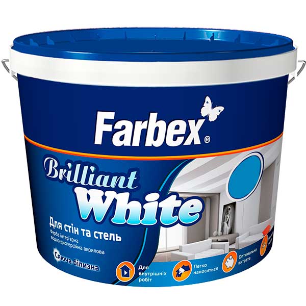 

Фарба для стін та стель білосніжна водно-дисперсійна акрилова «Brilliant White» Farbex - 7 кг, білий матовий