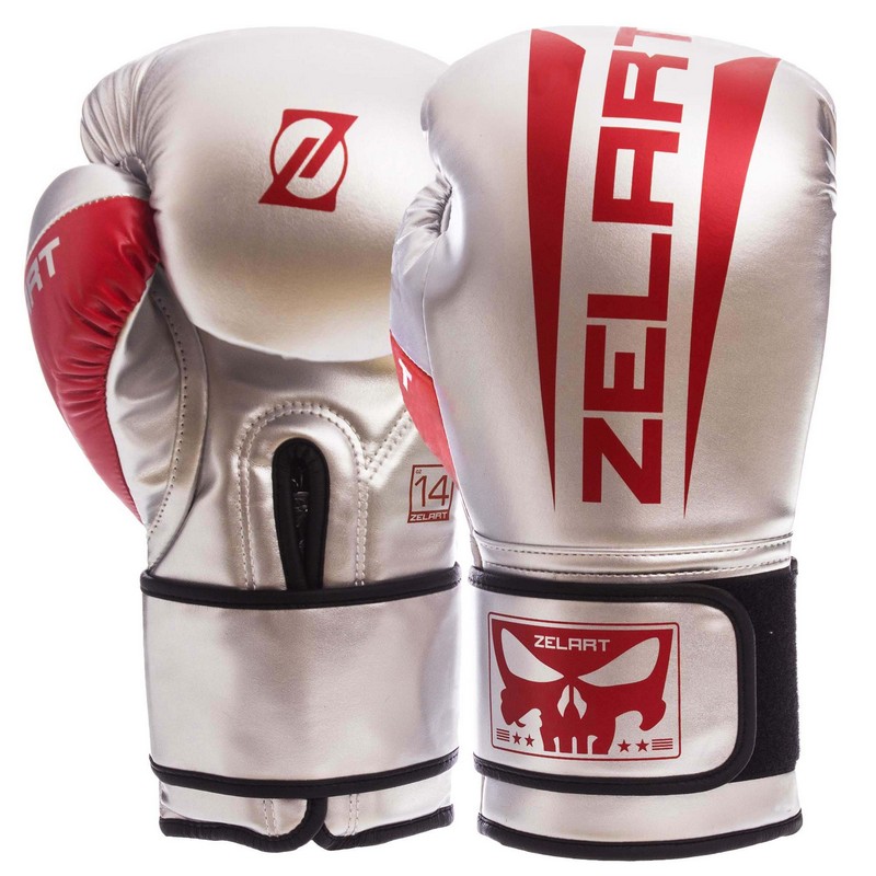 

Перчатки боксерские PU на липучке ZELART (серебряный-красный), Размер 14oz