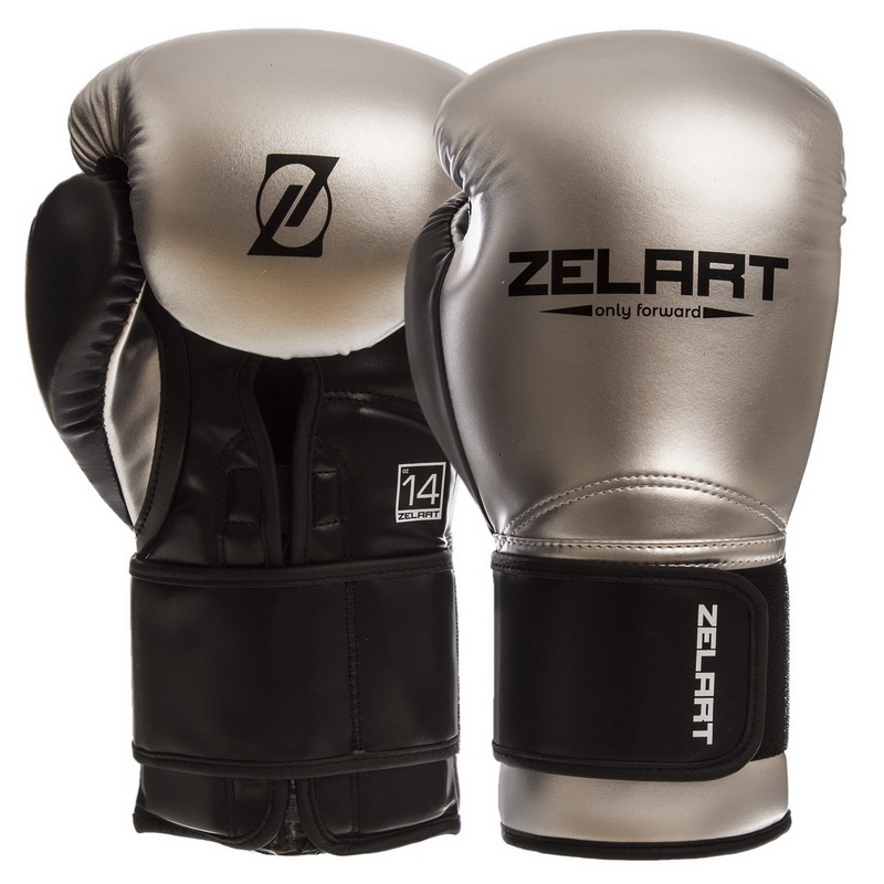 

Перчатки боксерские PU на липучке ZELART серебряные-чёрные, Размер 10oz