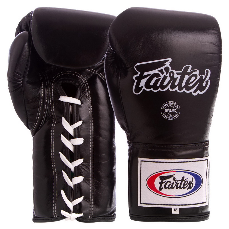 

Перчатки боксерские кожаные на шнуровке FAIRTEX чёрные, Размер 12oz
