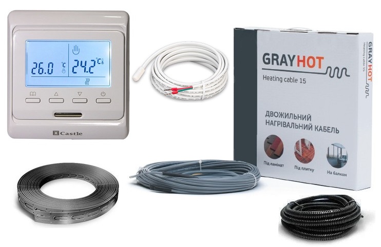 

Тепла підлога нагрівальний двожильний кабель Gray Hot Heating 13м. 186В в комплекті з програмованим терморегулятором та датчиком температури підлоги (VIT00755)