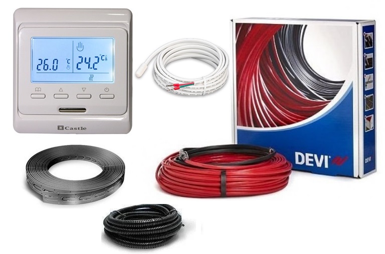 

Теплый пол DEVIflexTM 18T (140F1241) двухжильный нагревательный кабель 37 м, 680 Вт в комплекте с программируемым терморегулятором и датчиком температуры пола (VIT00776)