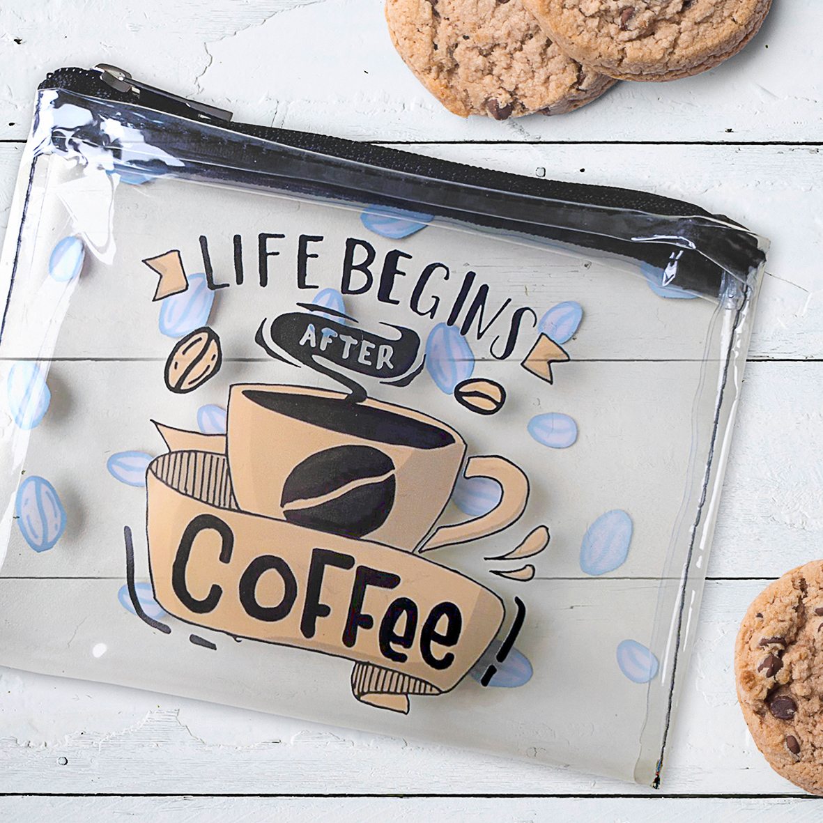 

Косметичка пластиковая прозрачная Visible Life begins after coffee 18,5х15 см