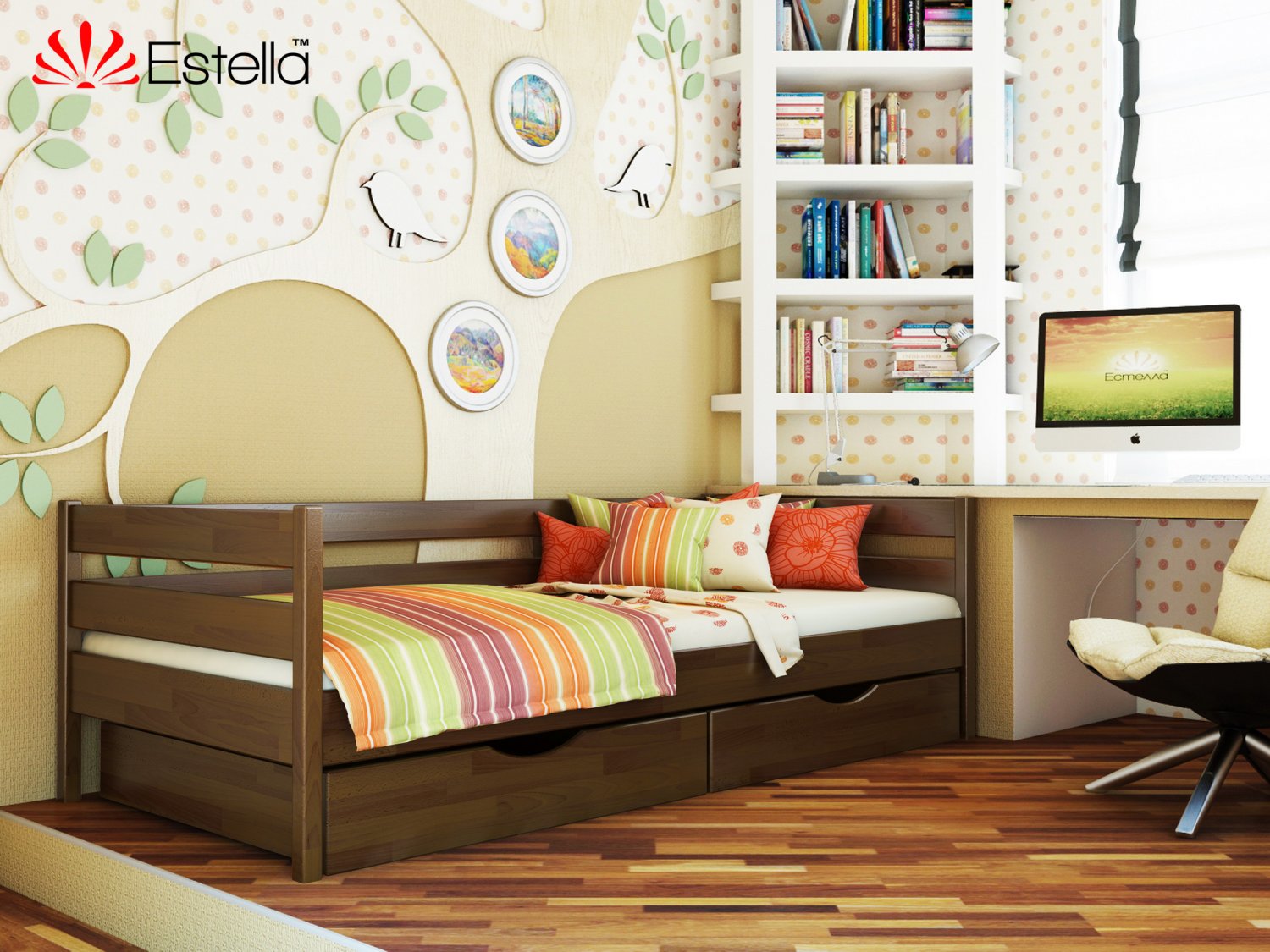 

Кровать односпальная с ящиками и бортиком защитным внизу 80х190 Estella Нота Орех Темный (Щит-101) Л4