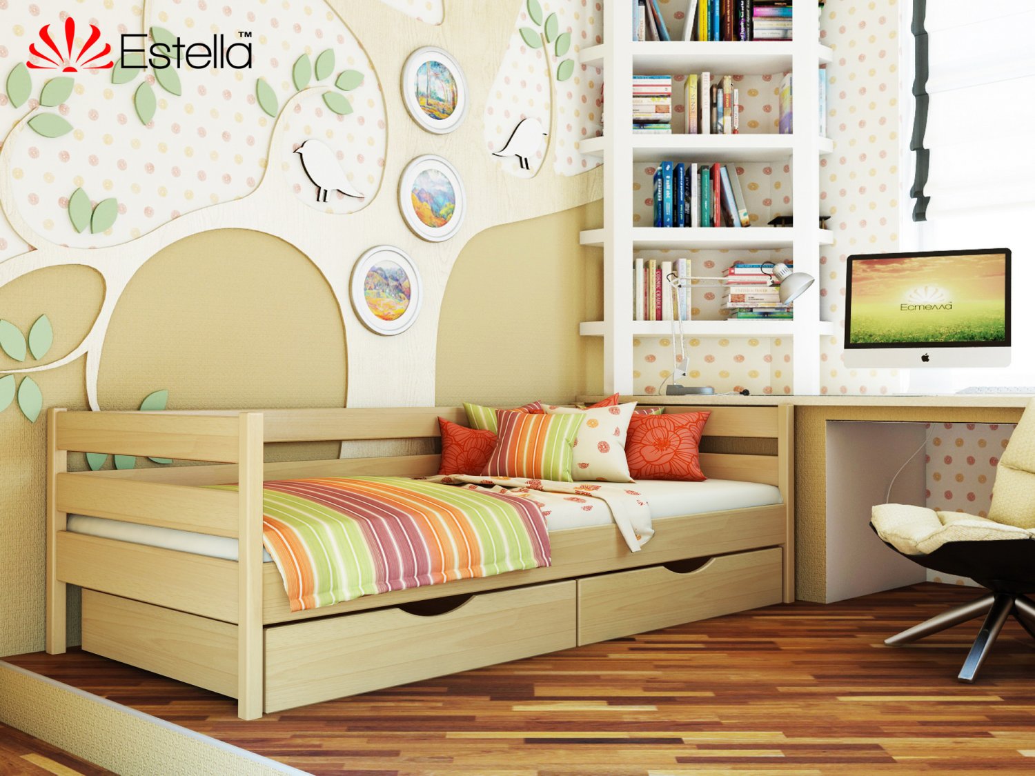 

Кровать односпальная с ящиками и бортиком защитным внизу 90х190 Estella Нота Бук (Массив-102) Л2.5