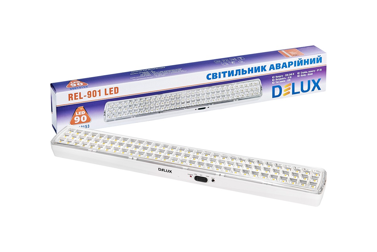 

Светильник светодиодный аварийный REL-901LED (2*3.7V2Ah) 90 LED 6W 480x68x38 аккумуляторный