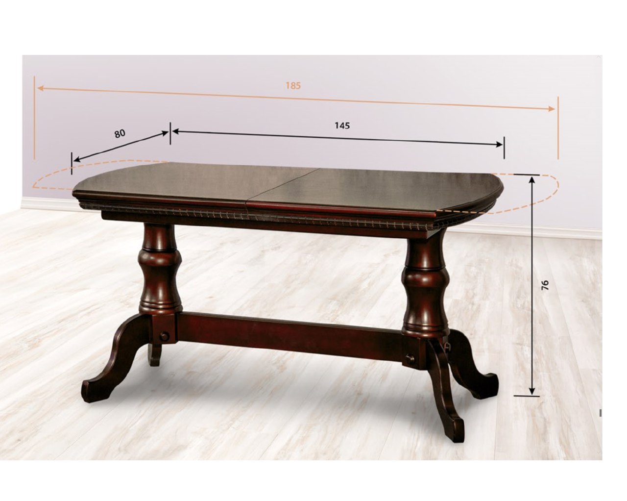

Раскладной обеденный стол в гостиную, кухню Монарх 145(185)x80 деревянный из сосны орех темный цвет Stemma