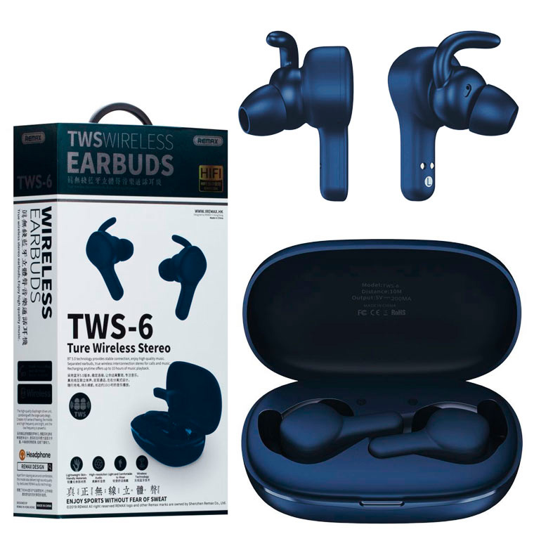 

Bluetooth наушники с микрофоном Remax TWS-6 синие