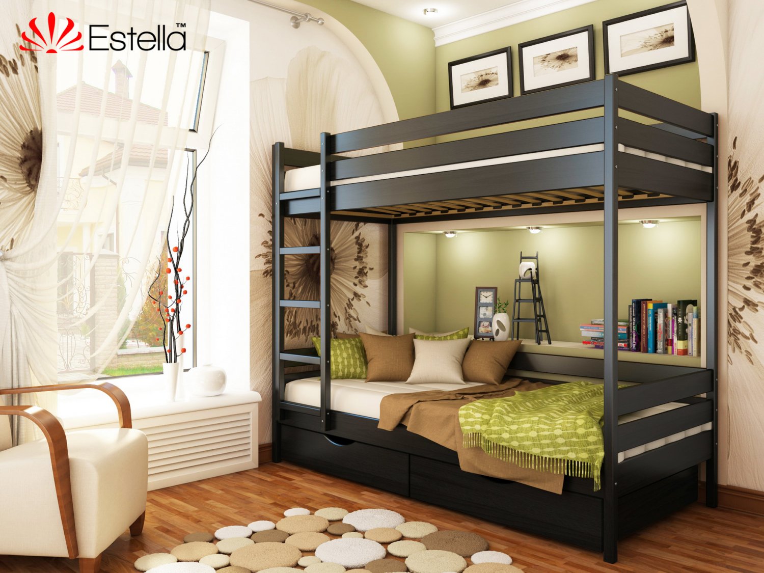 

Кровать Двухъярусная с ящиками 80х190 Estella Дуэт Венге (Массив-106) Л4