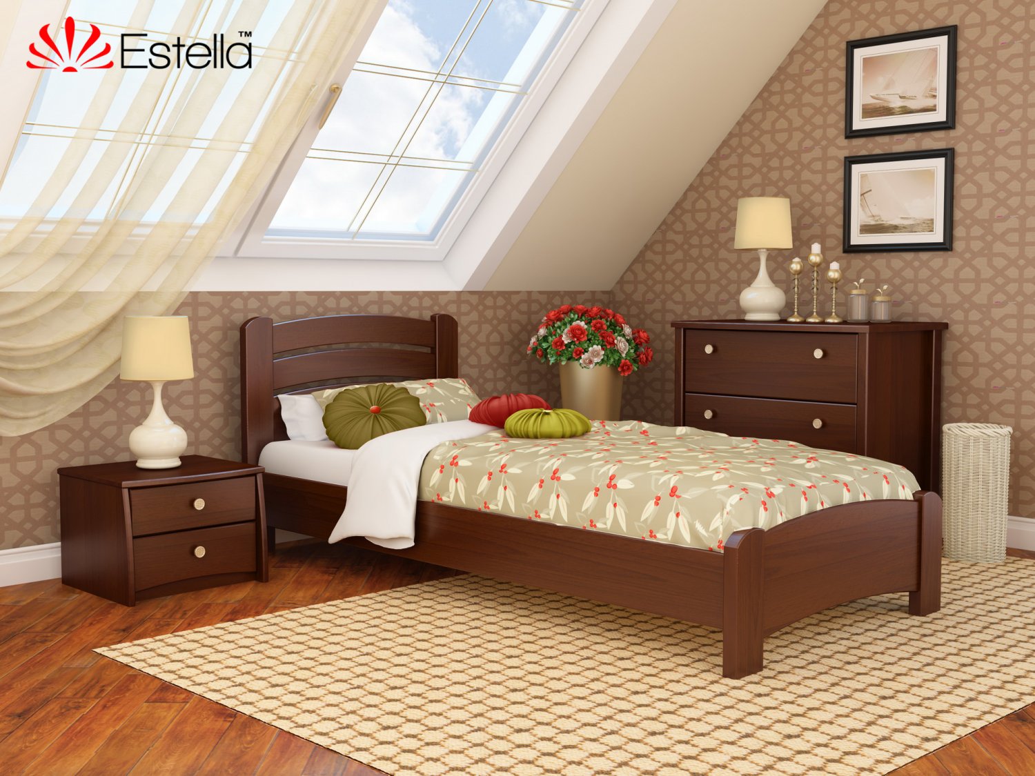 

Кровать односпальная 90х190 деревянная Estella Венеция Люкс Каштан (Массив-108) Л2.5