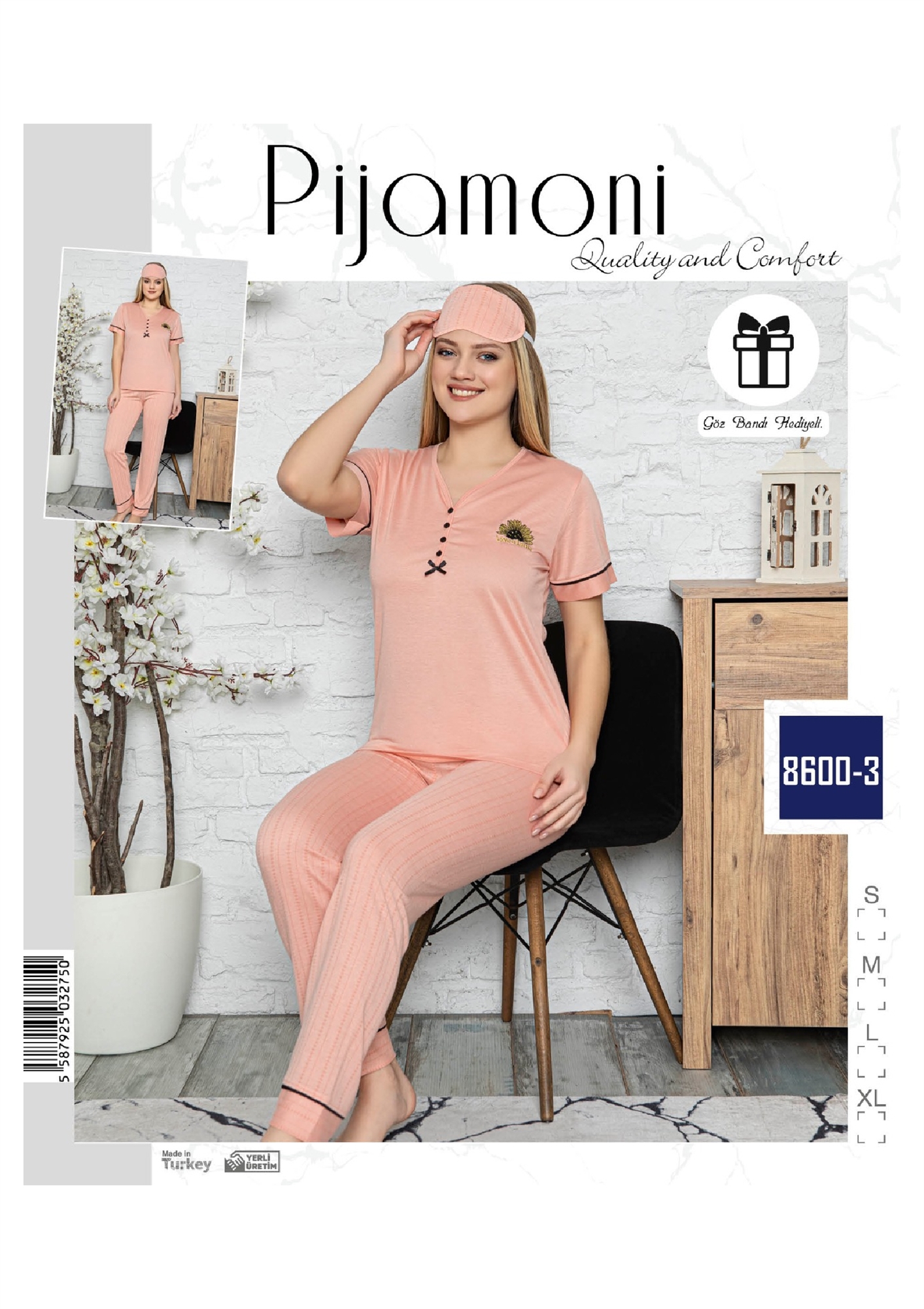 

Жіноча жаккардова піжама в полоску Pijamoni 8600-3 XL Пудра