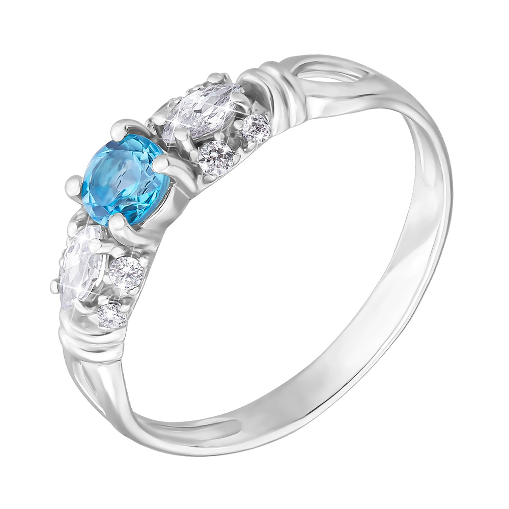 

Серебряное кольцо с топазом swiss blue и фианитами 000140556 18 размера