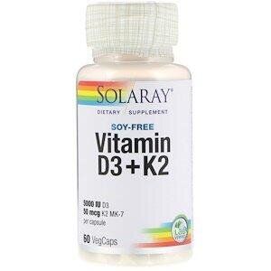 

Витамин D3+К2 Vitamin D3+K2 Soy-Free Solaray 60 капсул (SR010)