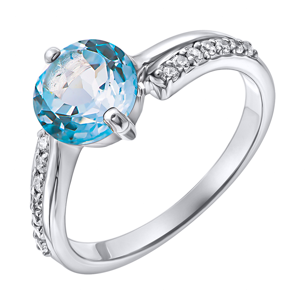 

Серебряное кольцо с голубым топазом и фианитами 000137300 16 размера