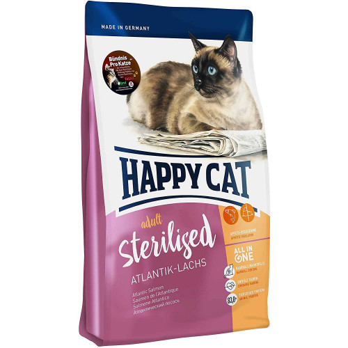 

Сухой корм Happy Cat Adult Sterilised для стерилизованных кошек кастрированных котов, с лососем, 4 кг