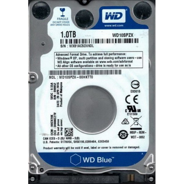 

HDD 2.5" SATA 1.0TB WD Blue 5400rpm 128MB (WD10SPZX) Refurbished