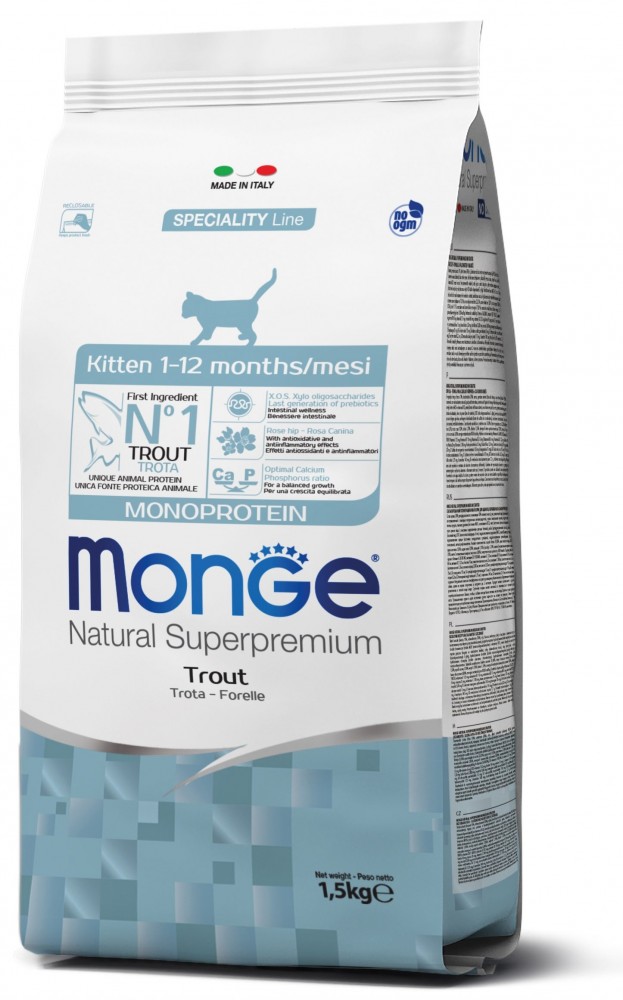 

Корм Monge CAT MONOPROTEIN Kitten с форелью для котят с 4 недель до 1 года всех пород, 1,5 кг (7000550)