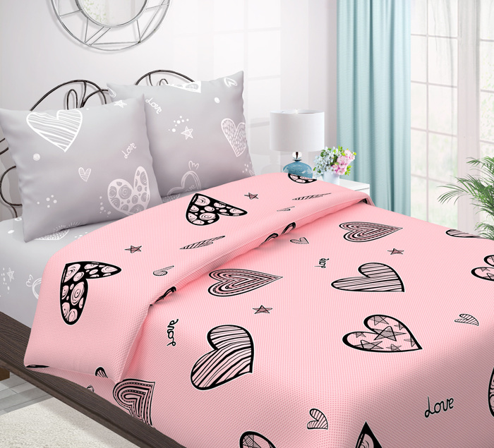 

Комплект постельного белья Сердечки розовые и серые "Сердцеедка" CottonTwill 2-спальный 200х220 см Бязь (РБ050-3)