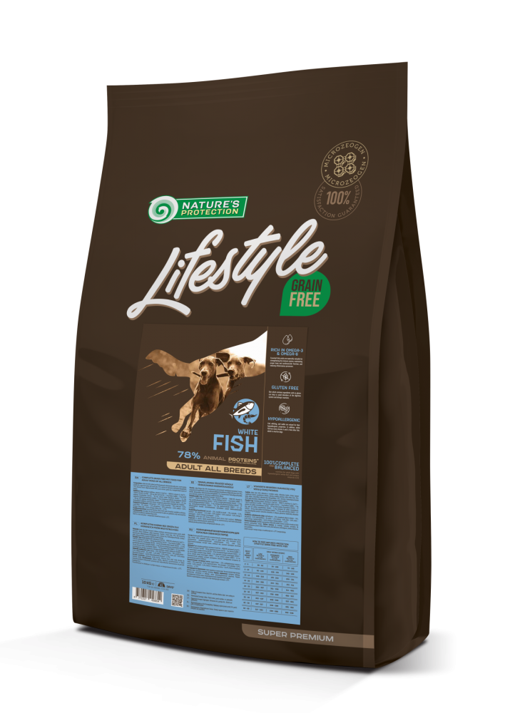 

Сухой беззерновой корм с белой рыбой для взрослых собак всех пород Nature's Protection Lifestyle Grain Free White Fish Adult All Breeds 10кг (NPLS45685)