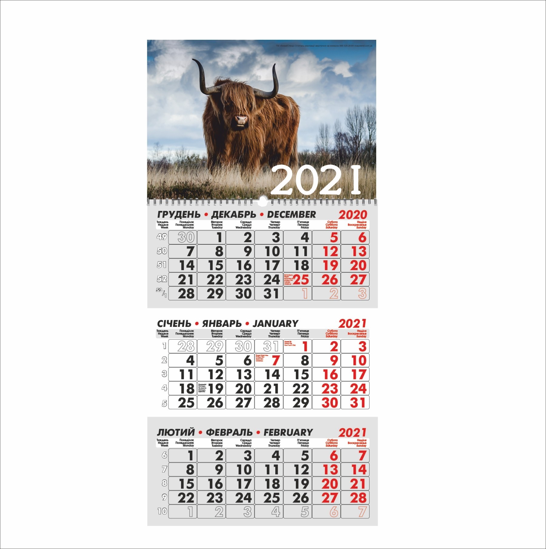 

Календар Vivay квартальний на 2021 рік Бик 29х63 см (7266)