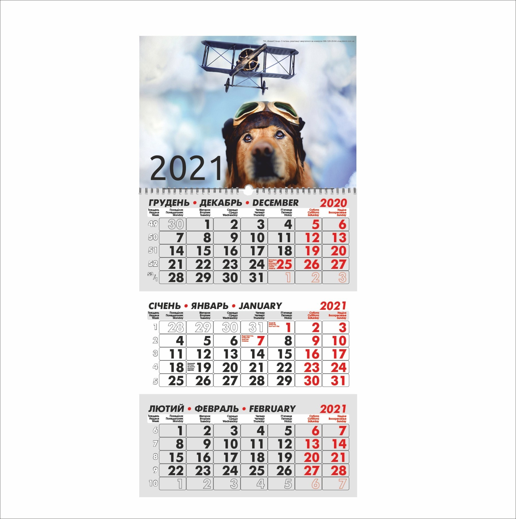 

Календар Vivay квартальний на 2021 рік Собака-льотчик 29х63 см (7276)