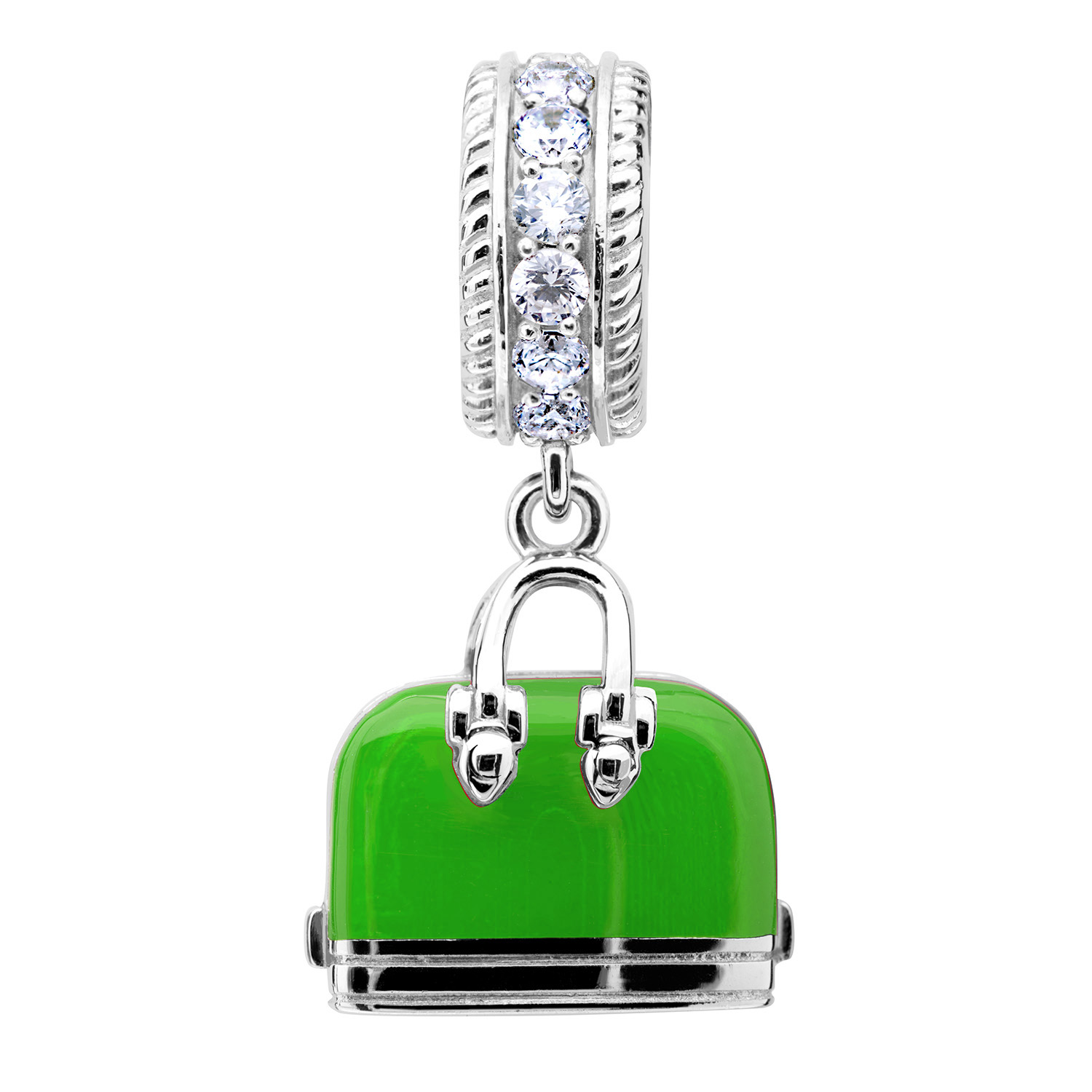 

Серебряный шарм с зеленой эмалью сумочка из родированного серебра 925-й пробы с куб. циркониями эмалью (3 12 4) cava.cool