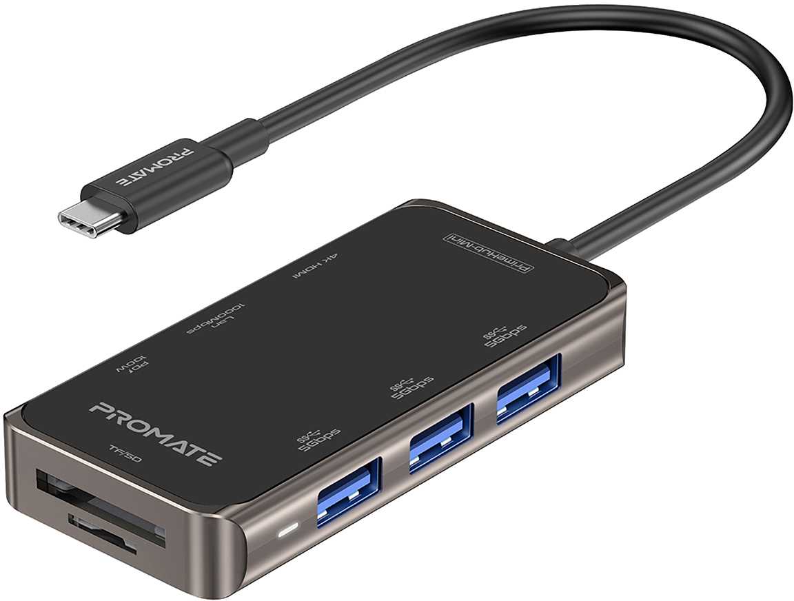 

USB-C хаб 8-в-1 Promate PrimeHub-Mini USB-C PD/HDMI/3xUSB 3.0/RJ45/SD/MicroSD Grey (primehub-mini.grey)