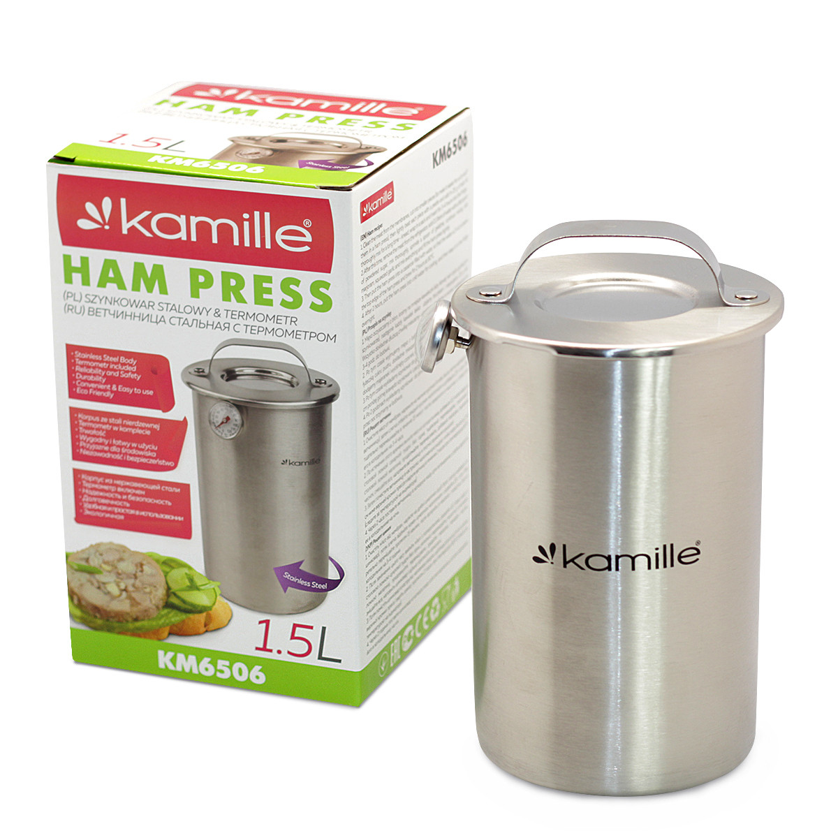 

Ветчинница нержавеющая Kamille - 100 мм x 1,5 л с термометром (6506)