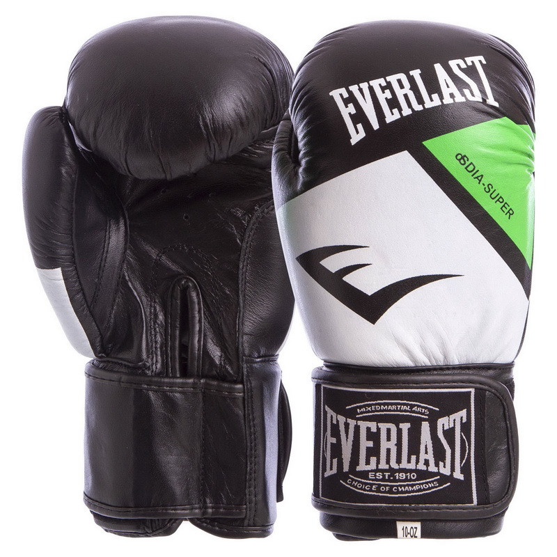 

Перчатки для бокса и единоборств Everlast Champ кожаные 6748 Black-White-Green 12 унций