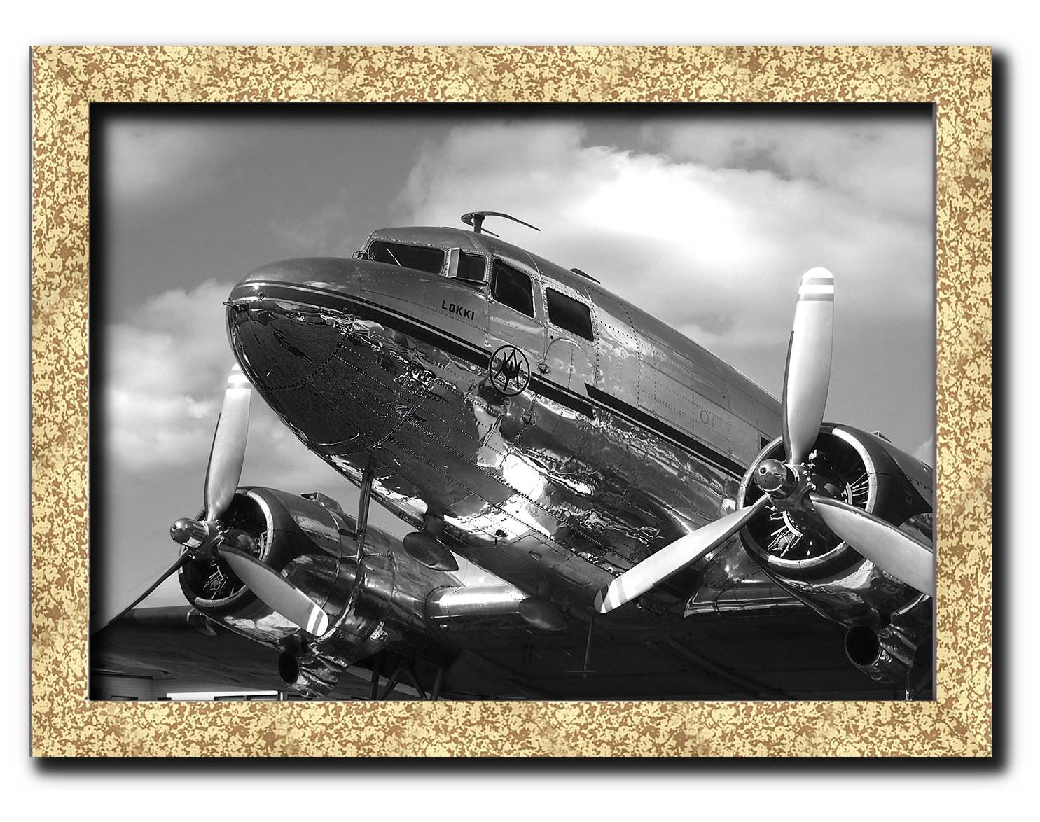 

Golden frame картина на файн-арт бумаге винтажный самолет DC-3 пропеллер авиадвигатели Hotel Arizona HD 31 см x 41 см