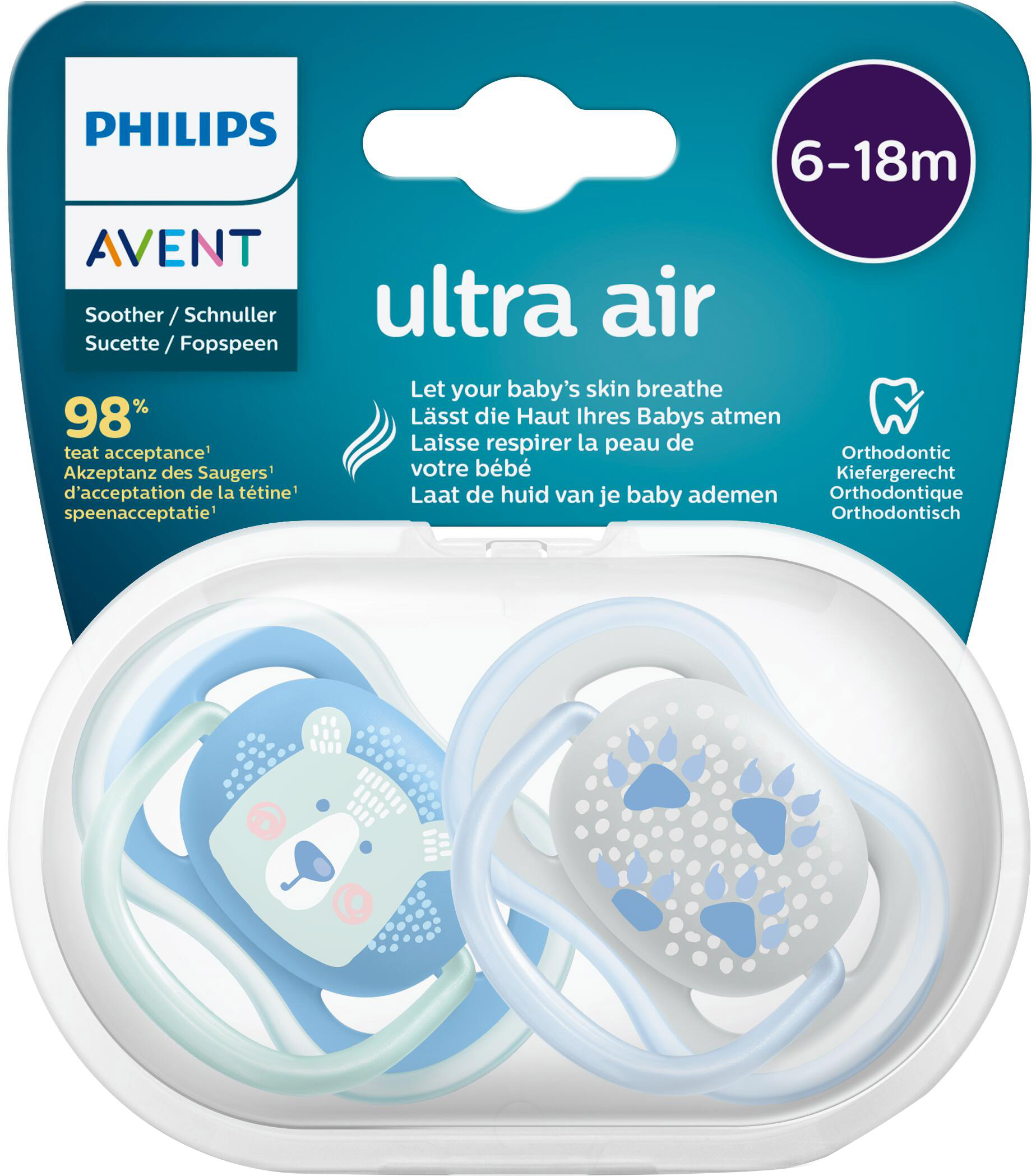 

Пустышка ортодонтическая Philips AVENT Ultra Air с декором для мальчиков 6-18 мес 2 шт (SCF085/03)