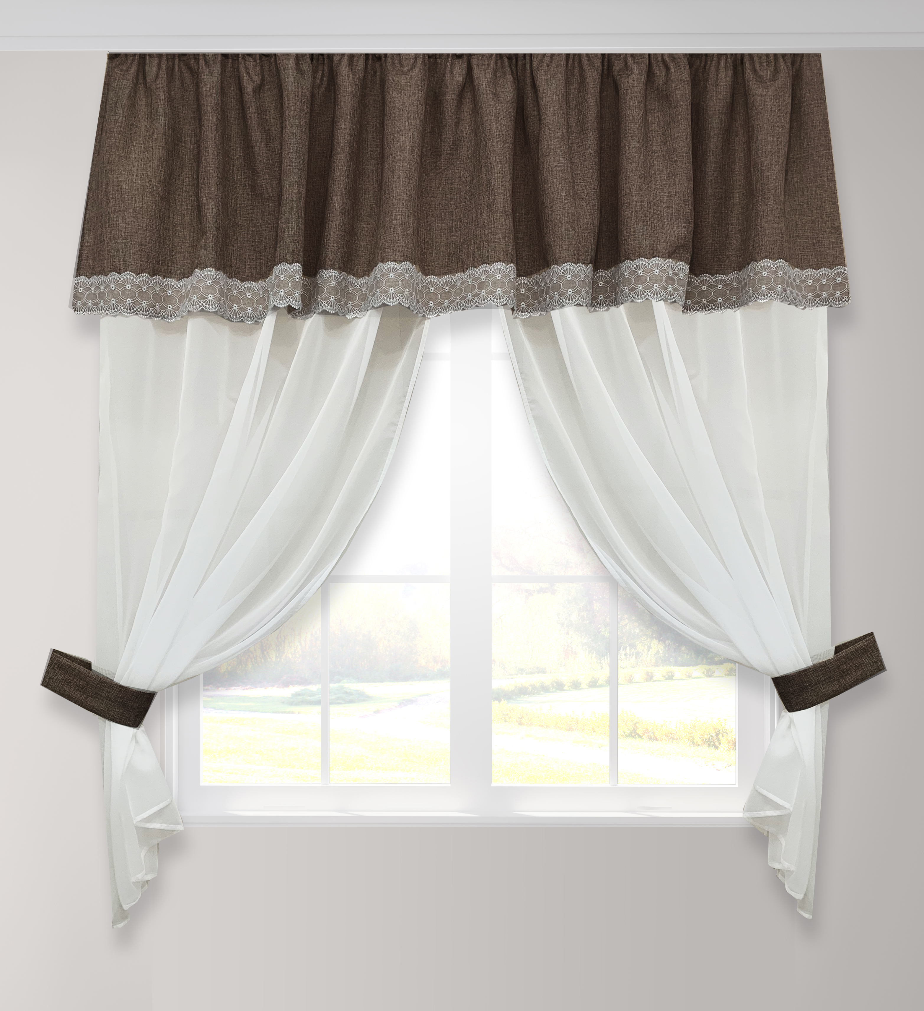 

Тюль для кухни Adagio Windows Decor Беатрис с ламбрекеном (короткий тюль для невысоких окон) в коричневом цвете и кружевной отделкой 270х170см