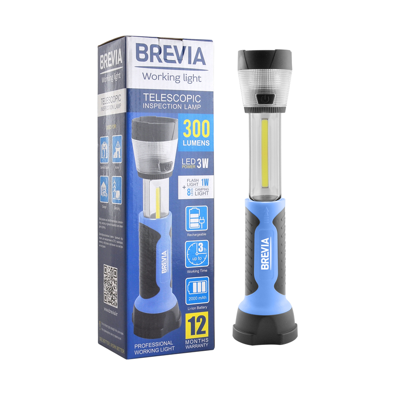 

Фонарь инспекционный телескопический Brevia LED 3W COB+1W LED+8LED кеппінг 300lm 2000mAh адаптер AC 220 11330