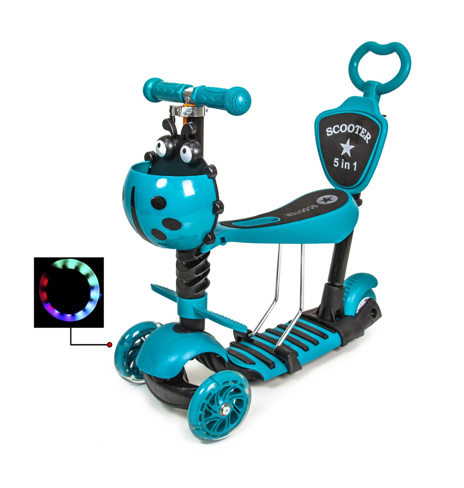 

Самокат Scooter "Божья коровка" 5in1. Turquoise (многофункциональный, с родительской ручкой) - 608530209