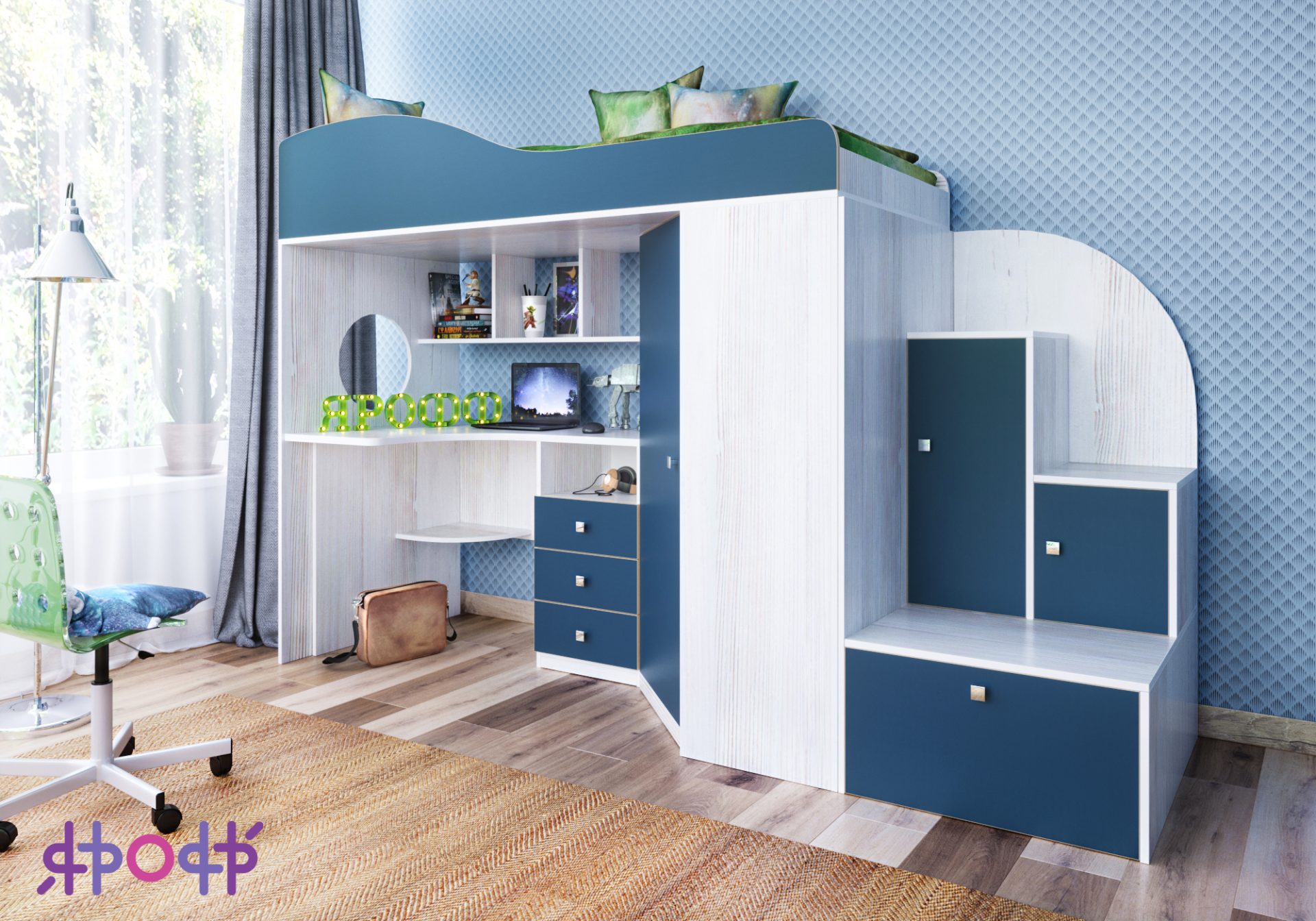 

Кровать-чердак с рабочей зоной KidsBunkBed K-0214 тополь индиго 257х84х172 см