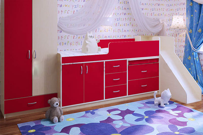 

Детская комната KidsBunkBed I-04 с игровой и рабочей зоной дуб молочный красный 1936х1120х840 мм