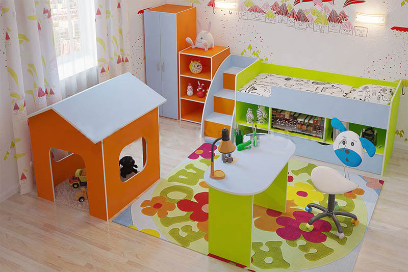 

Детская Комната KidsBunkBed I-03 с игровой зоной апельсин лайм лазурь 1636х814х740 мм
