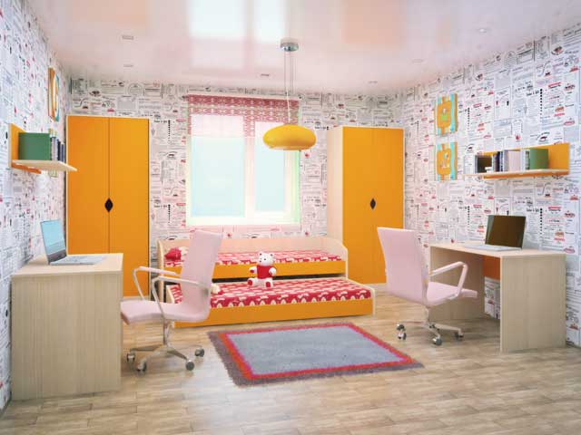 

Детская комната для 2 детей KidsBunkBed D-49 дуб молочный апельсин 840 х2040х600 мм