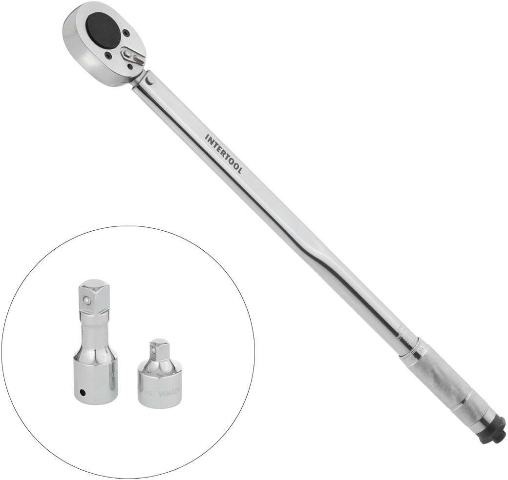 

Динамометричний ключ Intertool 3/4 "70-420 NM, перехідник 3/4" x 1/2 '', подовжувач 100 мм 3/4 "(XT-9010)