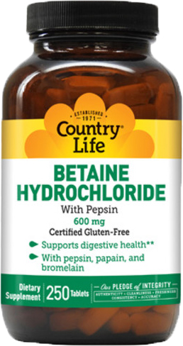 

Натуральный комплекс Country Life Бетаина Гидрохлорид с Пепсином (Betaine Hydrochloride) 600 мг 250 таблеток (015794051046)