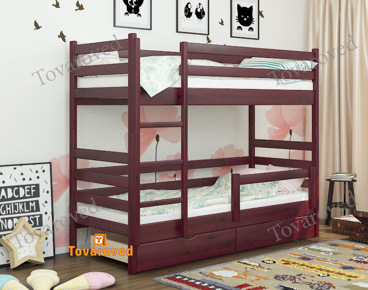 

Двухъярусная кровать с Ящиками 80х200 и бортиком защитным внизу Wellmebely Соня Трансформер сосна Махонь Л6